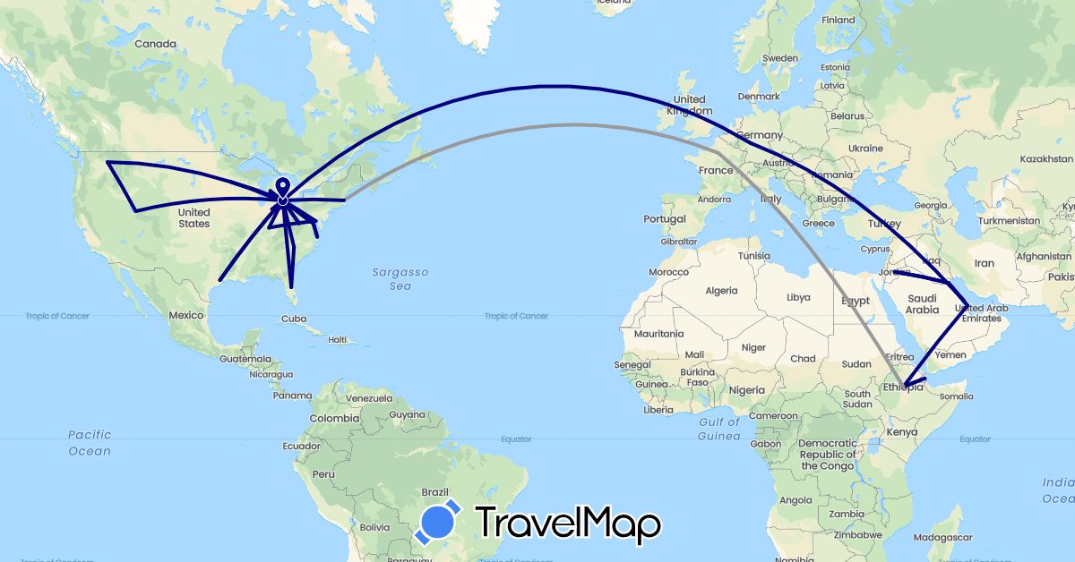 TravelMap itinerary: driving, plane in Bahrain, Germany, Djibouti, Ethiopia, France, Jordan, Kuwait, Qatar, United States (Africa, Asia, Europe, North America)